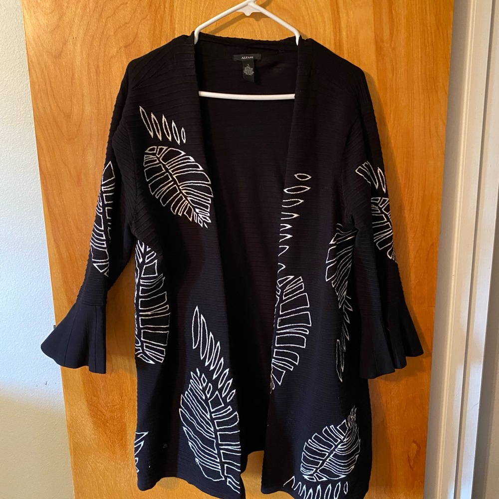 Long Black Cardigan with embroidered White Leaf design